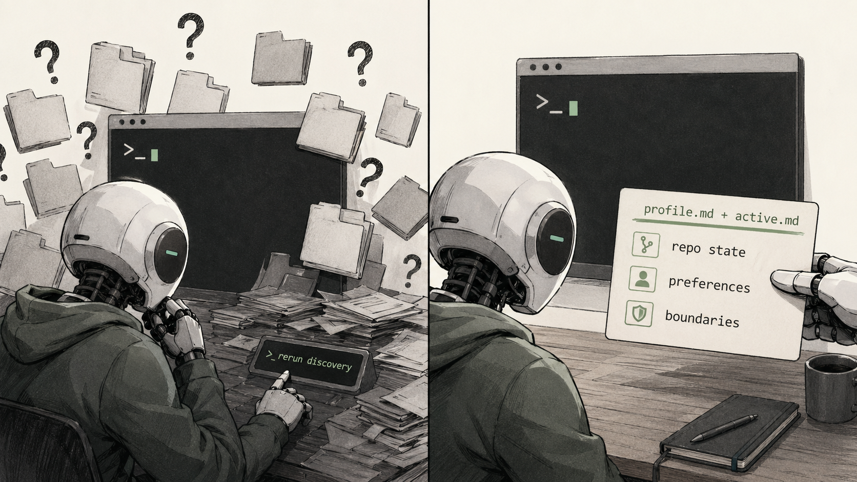 Before and after view of a coding agent starting cold versus starting with Observational Memory context