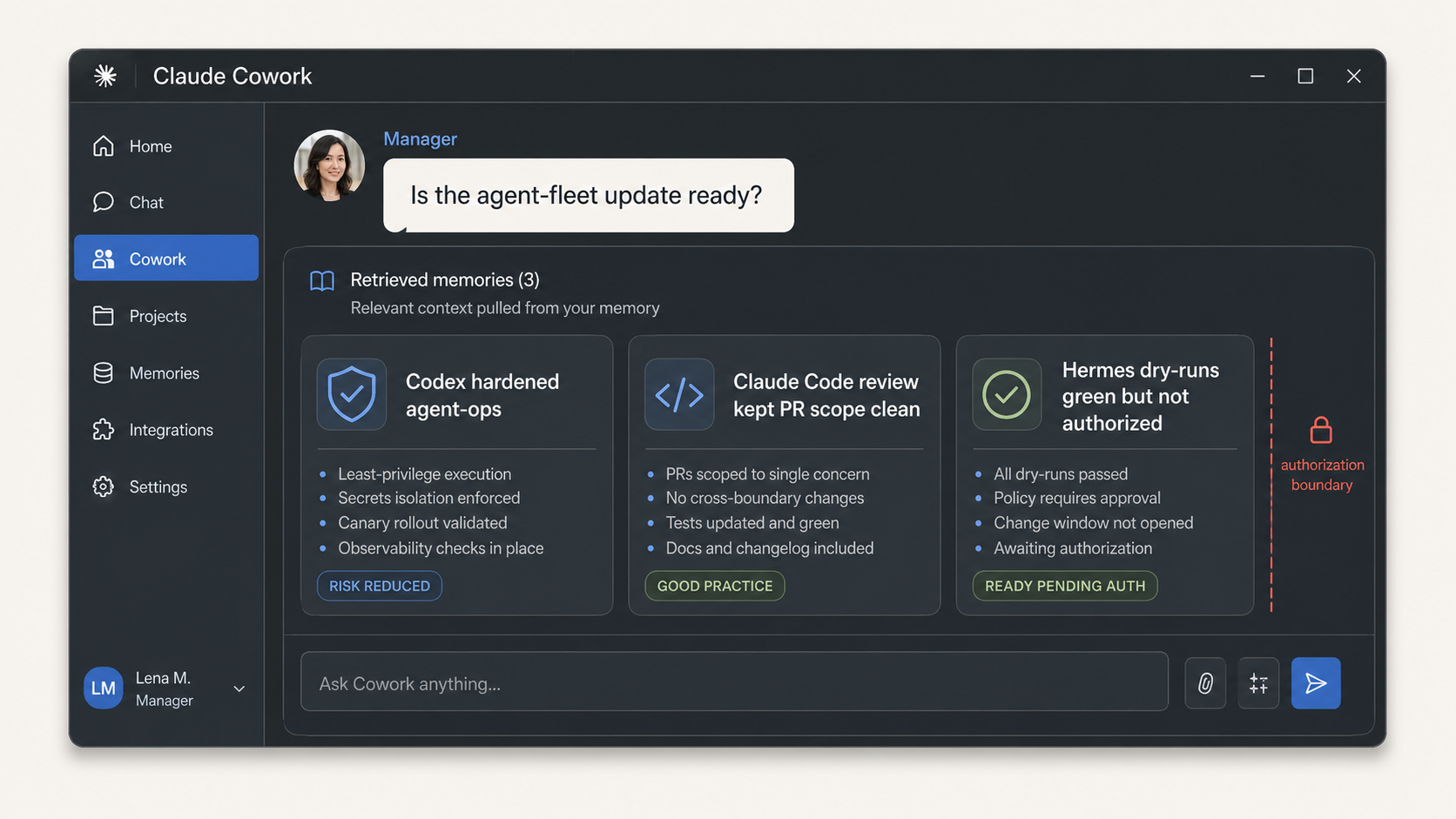 Claude Cowork rollout review showing retrieved memory from Codex, Claude Code, and Hermes