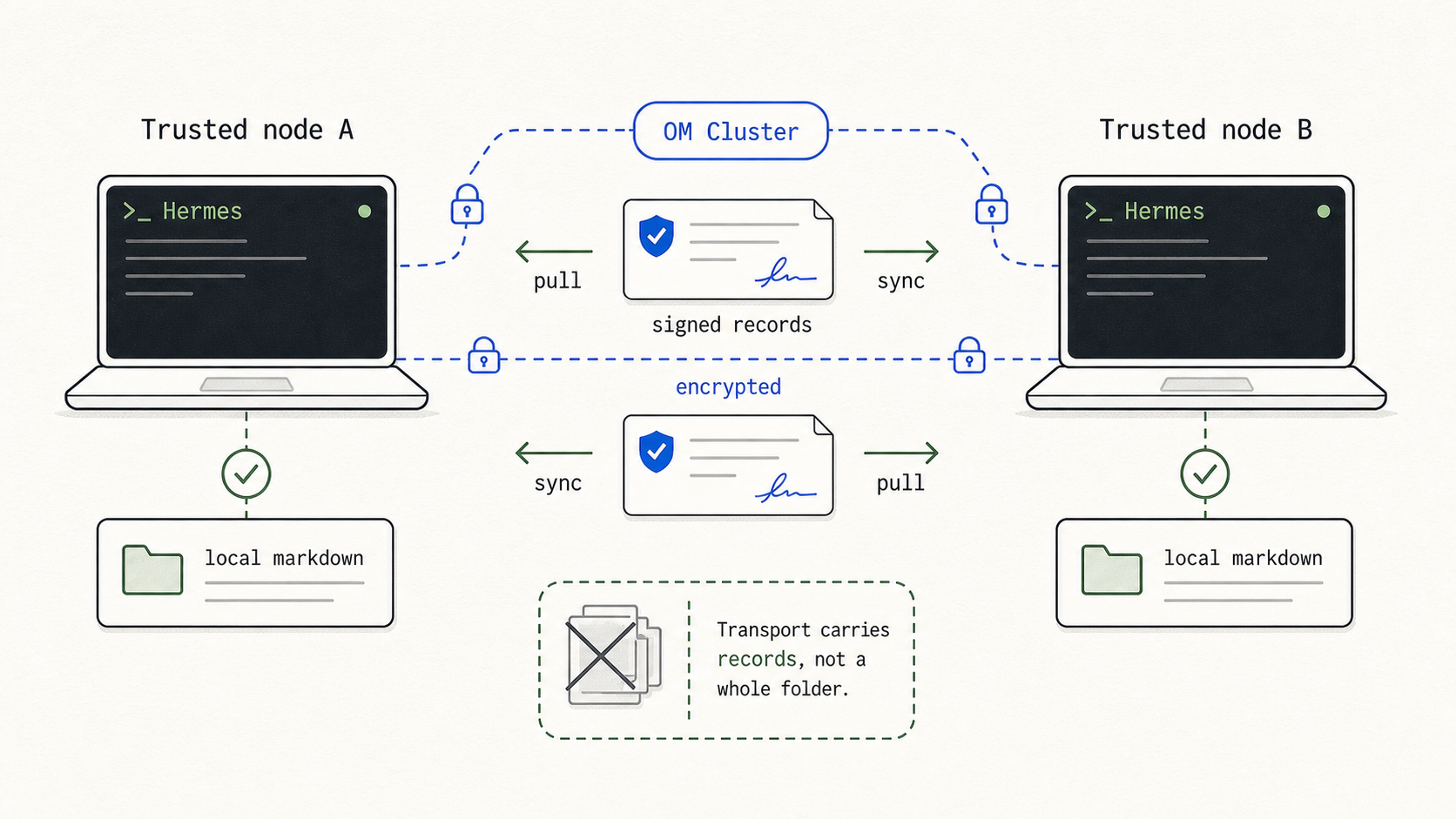 OM Cluster syncing signed encrypted records between two trusted nodes instead of copying whole memory folders
