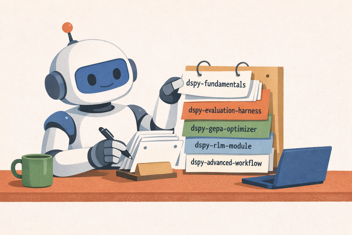 Stylized illustration showing a coding agent reading a set of skill cards labeled fundamentals, evaluation, GEPA, RLM, and workflow.