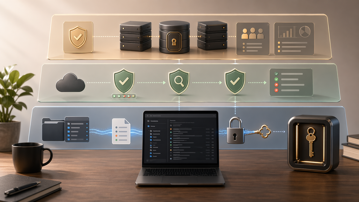 Layered security boundaries from local encrypted dotenvs to stronger team and production controls.