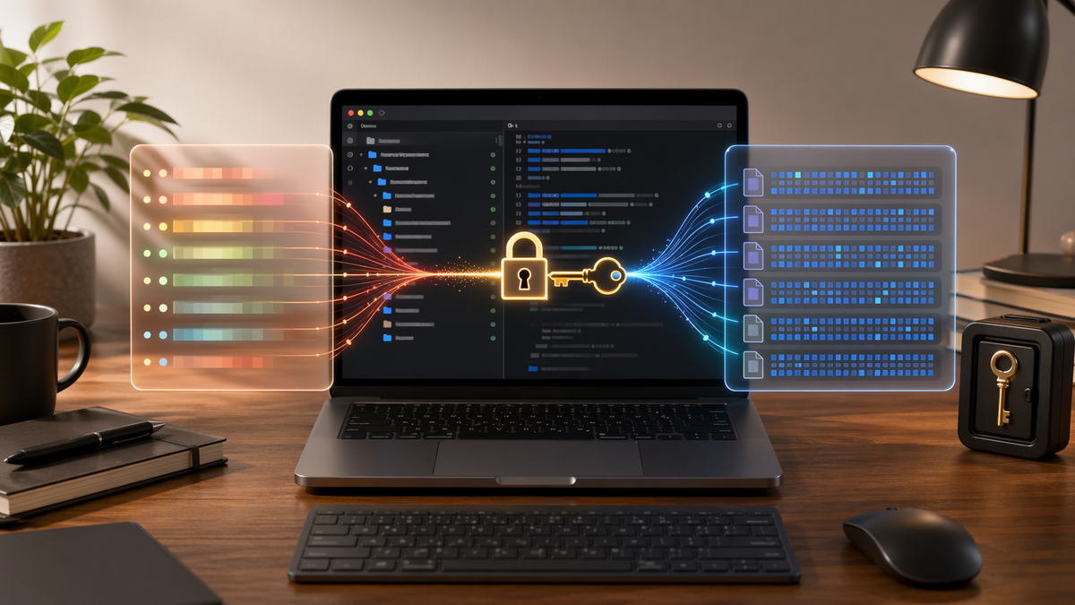 Plaintext dotenv values becoming encrypted repo files on a macOS developer desk.