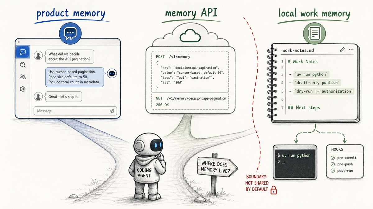 Editorial diagram showing an agent standing at three different memory surfaces: product memory, memory APIs, and local work memory.