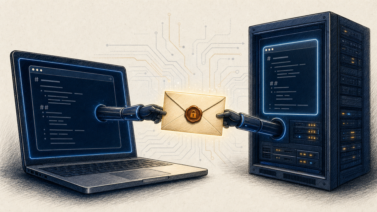 Editorial illustration of two AI agents on different machines passing a sealed envelope between terminal windows, with markdown memory files visible behind each.