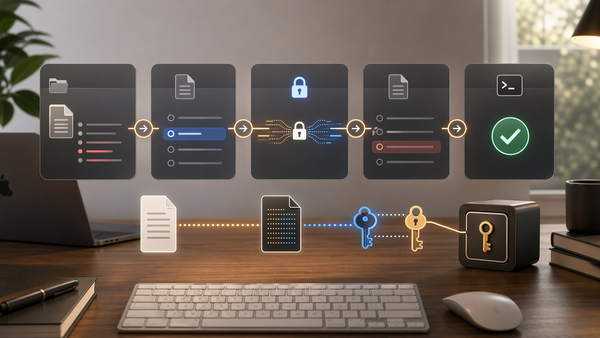A step-by-step migration flow from plaintext dotenv file to validated encrypted dotenv file.