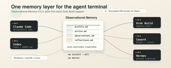 Editorial header showing Claude Code, Codex, Grok Build, Cowork, and Hermes feeding a shared local memory notebook.