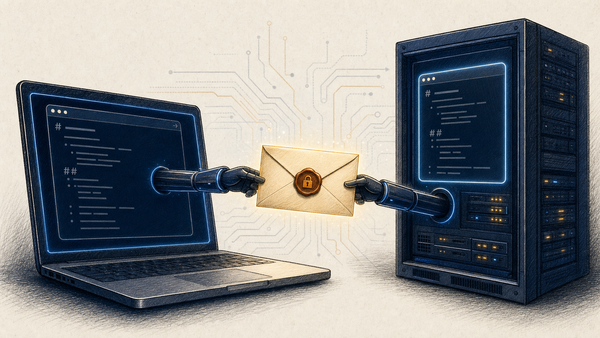 Editorial illustration of two AI agents on different machines passing a sealed envelope between terminal windows, with markdown memory files visible behind each.